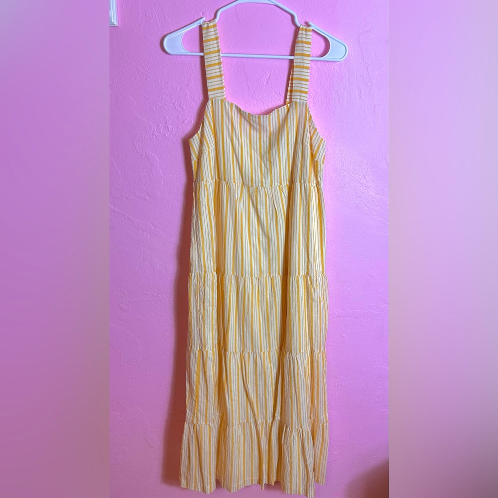 Madewell Striped Button-Back Tiered MidiDress Yellow & White, Size 2, NWT, Lined